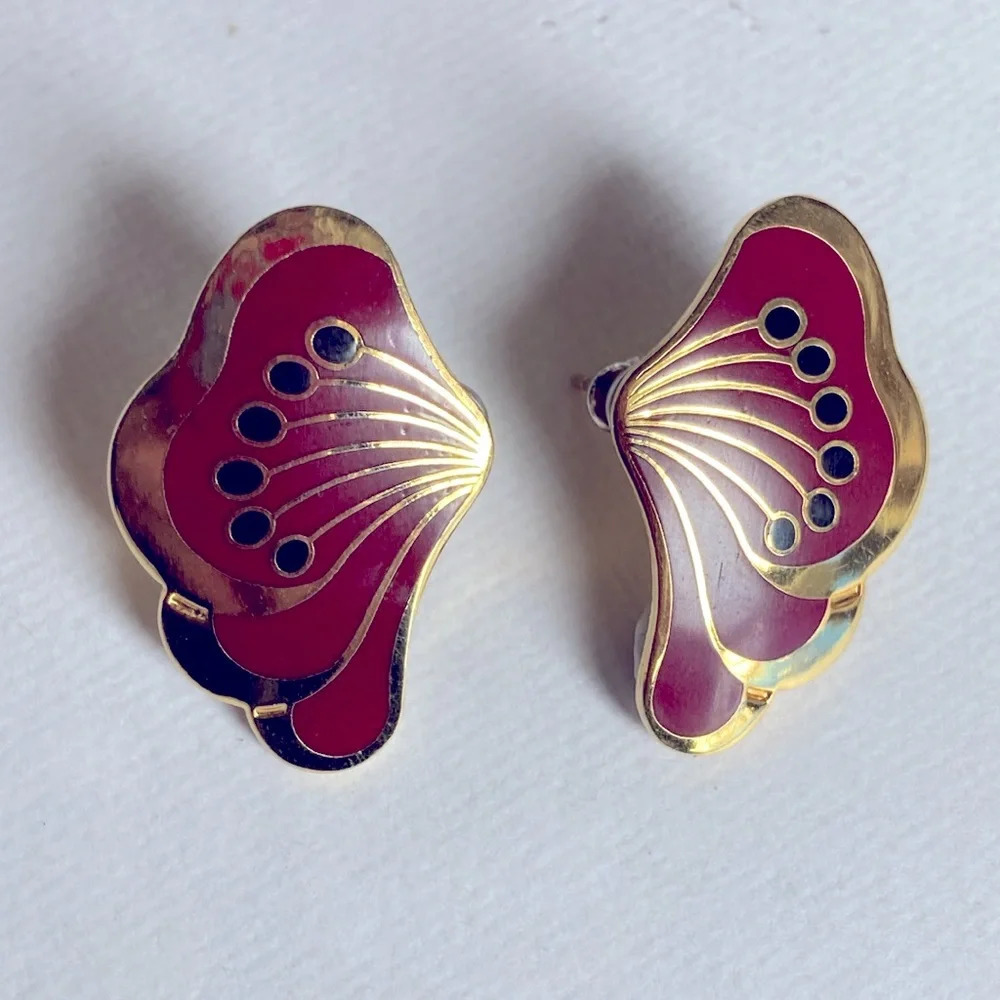 Laurel Burch LE FLEUR Studs Deep Red Black and Gold Tone - Picture 3 of 11